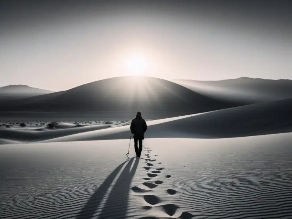 Un solitario en la vastedad del desierto al atardecer, evocando la soledad en poesía lírica