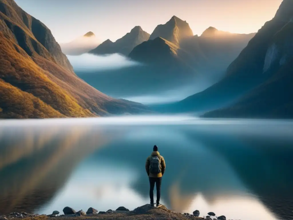 Un solitario contemplando un vasto lago rodeado de montañas, bajo un cielo claro