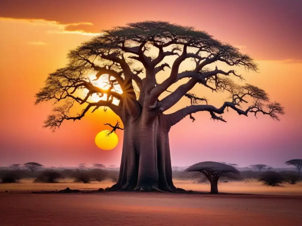 Un solitario Baobab se alza en un vibrante atardecer africano, reflejando la influencia diáspora poesía africana