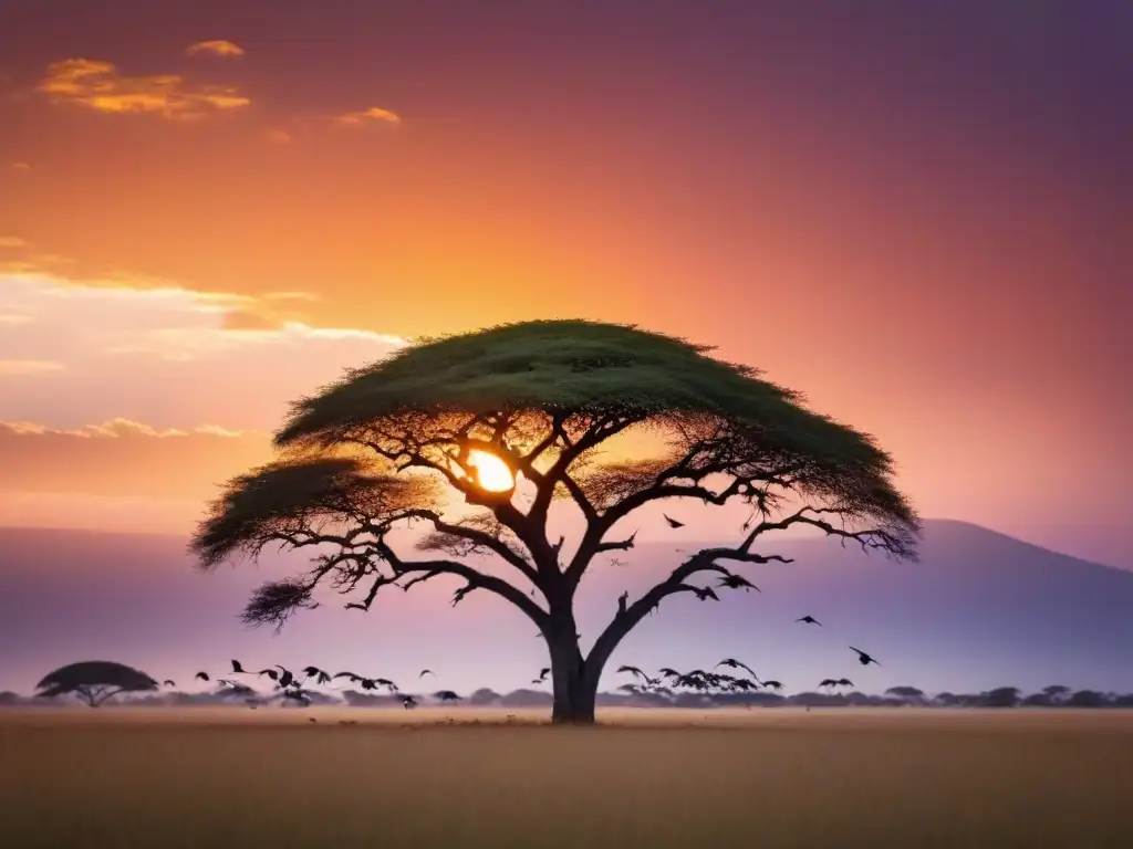 Un solitario árbol acacia se recorta en un vibrante atardecer africano, con una bandada de aves migratorias volando en formación de V