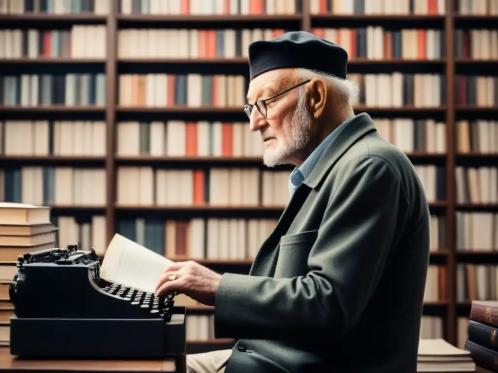 Sombra de Lawrence Ferlinghetti escribiendo rodeado de libros y papeles, con la Generación Beat en el fondo, evocando poesía y ensayos profundos