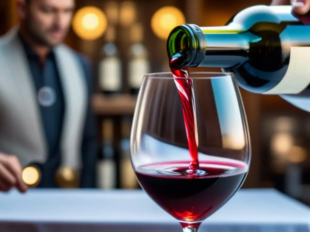 Un sommelier vierte un vino rojo en una copa, capturando la poesía del vino y cultura