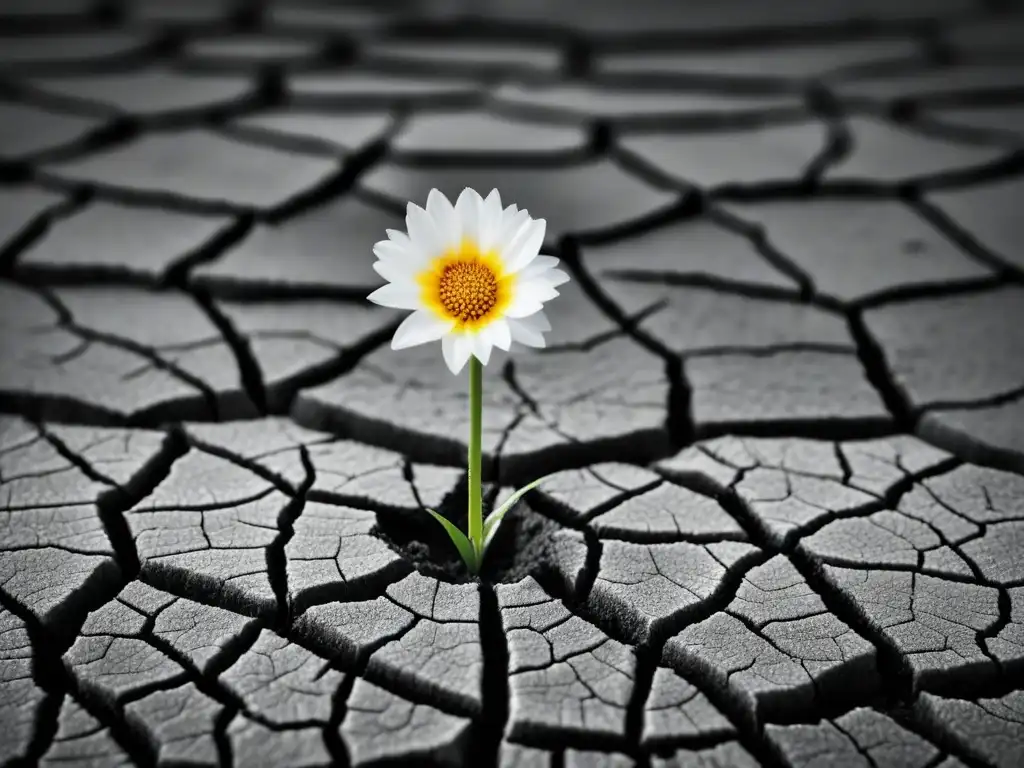 Un suelo seco y agrietado en blanco y negro con una flor marchita luchando por sobrevivir