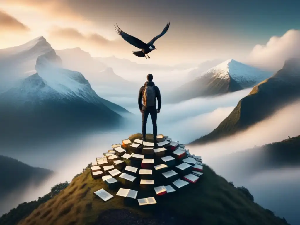 Un sueño entre libros de poesía transformadores, un ser solitario en la cima de la montaña, rodeado de libros que se transforman en aves voladoras