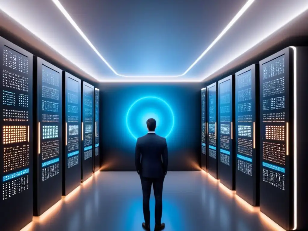 Supercomputadora AI futurista con versos poéticos digitales Un superordenador AI futurista rodeado de complejas rutas neuronales y versos de poesía digital, representando la Poesía generada por IA