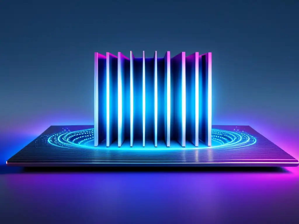 Supercomputadora futurista: poesía computacional Un superordenador futurista rodeado de elementos poéticos flotantes en tonos azules y púrpuras