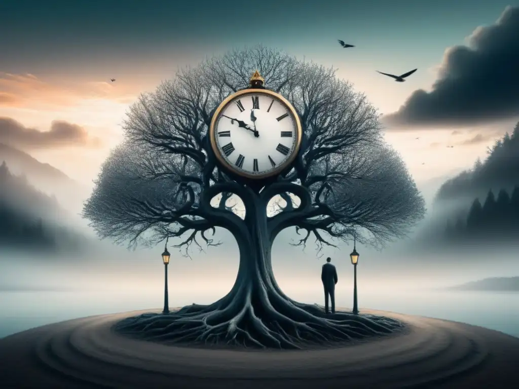 Una ilustración surrealista en blanco y negro con un paisaje absurdo del Dadaísmo en poesía: impacto transformador