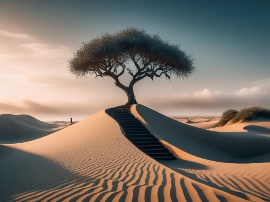 Ilustración minimalista de paisaje onírico con reloj derretido y figura flotante Ilustración surrealista en blanco y negro de paisaje onírico con reloj derretido, figura sin rostro y escalera hacia la nada