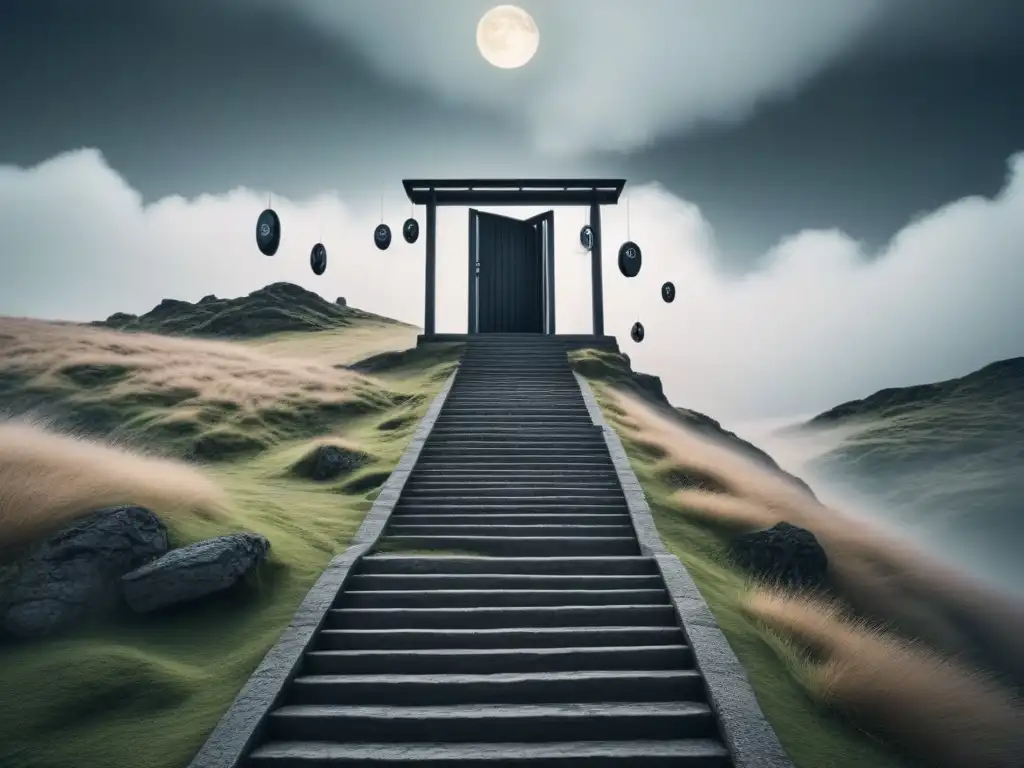 Ilustración surrealista en blanco y negro con relojes flotantes, figura sin rostro caminando boca abajo en escalera y puerta a paisaje onírico