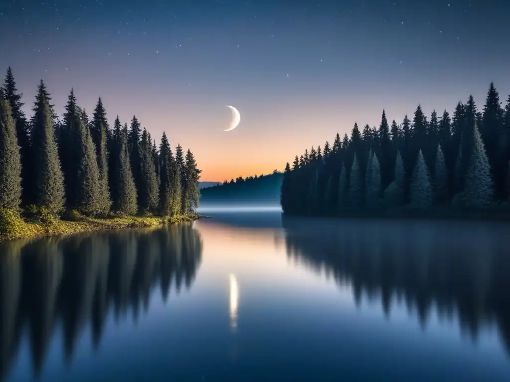 Un susurro crepuscular: poesía nocturna reflejada en el lago sereno, bajo la luna creciente y estrellas brillantes