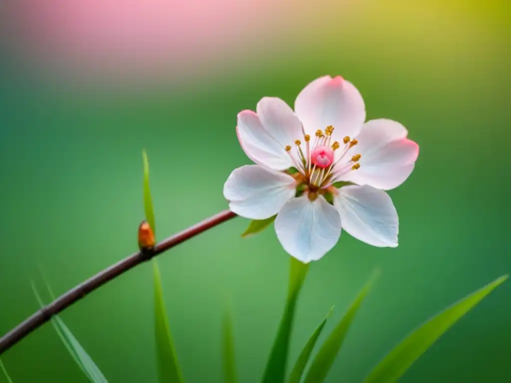 Sutil flor de cerezo en equilibrio sobre hierba, fondo sereno en tonos suaves, poesía minimalista fuerza transformadora