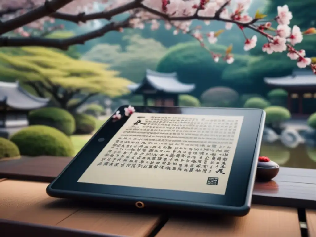 Tablet digital muestra poesía japonesa contemporánea influencia en jardín tradicional con cerezos en flor