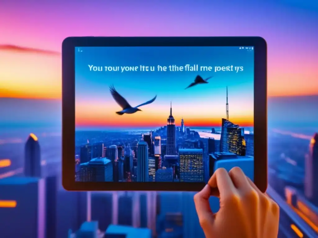 Tablet digital muestra mensaje poético en transformación, ciudad futurista al atardecer