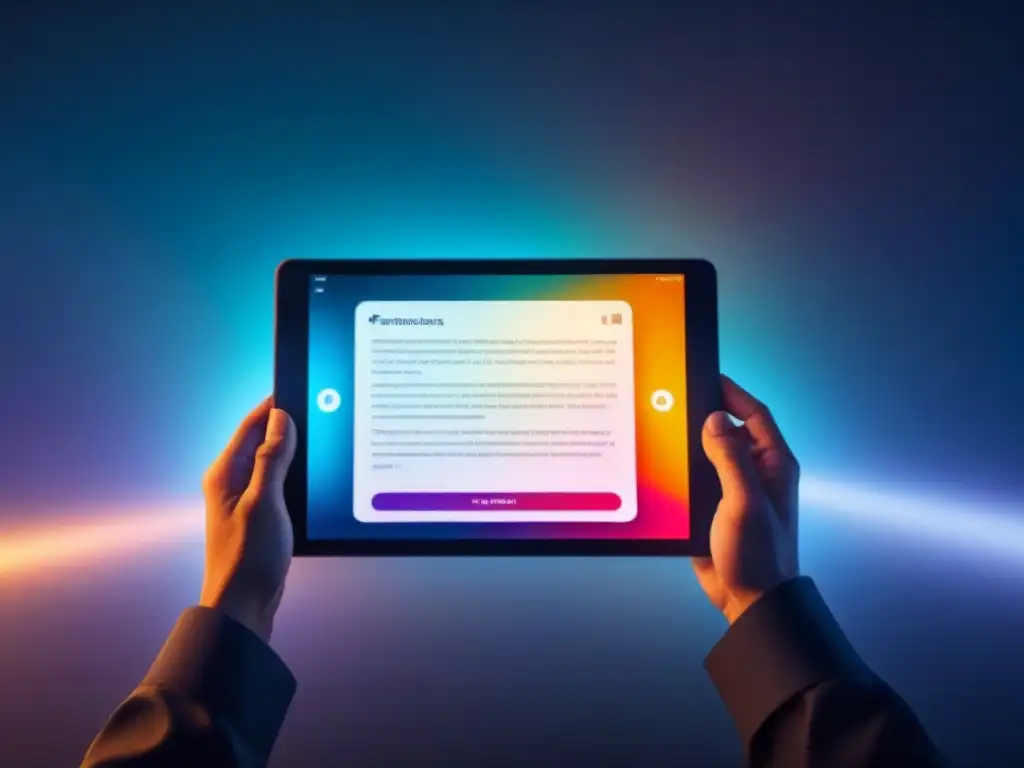 Una tablet futurista muestra una app de poesía lírica en la era digital, rodeada de luz suave y vibrante