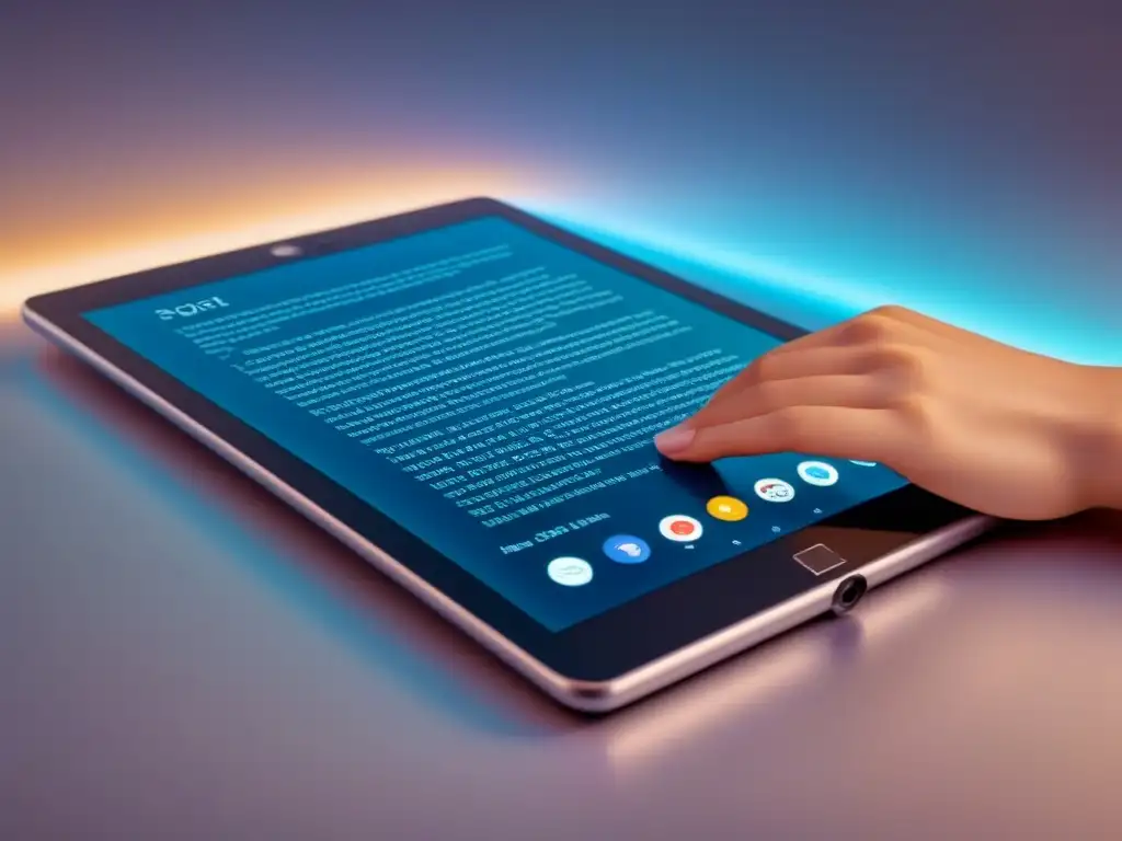 Un tablet futurista muestra un poema elegante rodeado de predicciones poéticas, en un fondo creativo