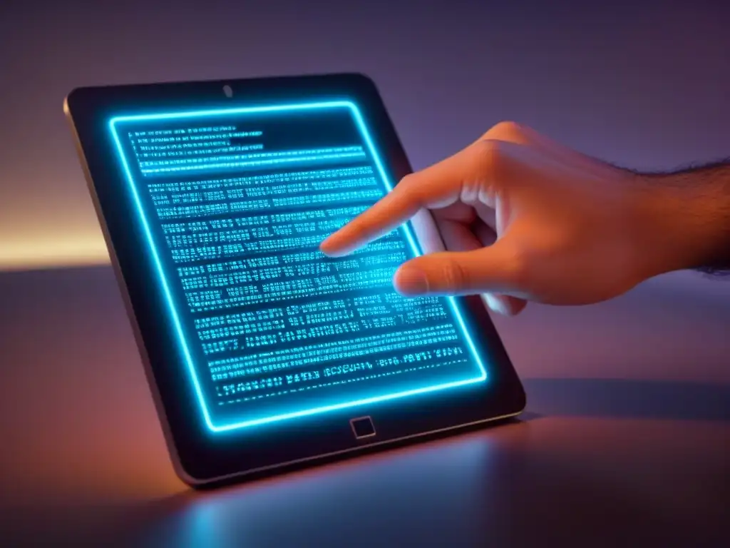 Tableta digital con poesía lírica en la era digital, versos elegantes y líneas de código brillantes