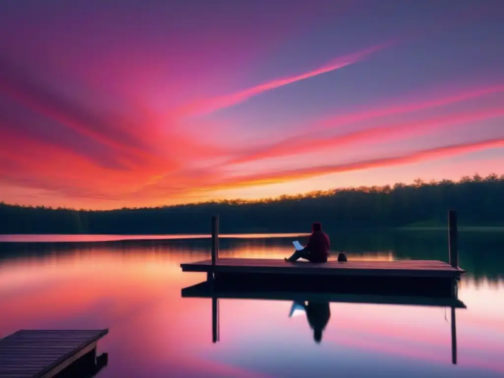 Puesta de sol inspiradora en lago tranquilo: poeta escribiendo Una tarde serena junto al lago, un escritor se inspira en la puesta de sol para crear poesía como herramienta de autoayuda