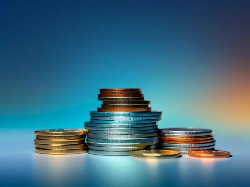 Duelo de comisiones: alta vs Comparación de tarifas: montones de dinero en un lado y pocos en el otro, con una elegante transición de azules a naranjas
