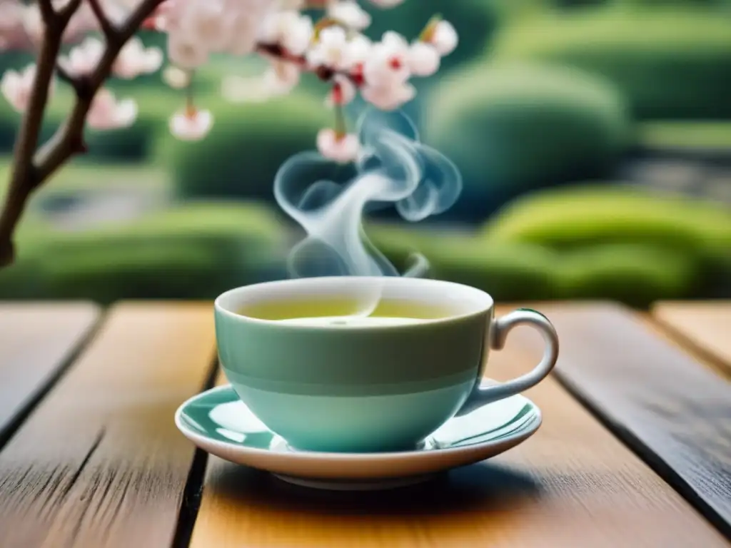 Una taza de té verde humeante sobre mesa de madera, en jardín japonés con flores de cerezo y arroyo