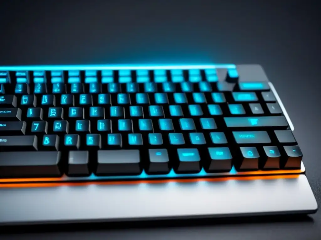 Teclado futurista iluminado en blanco y negro, fusionando tecnología y arte en la escritura predictiva en poesía