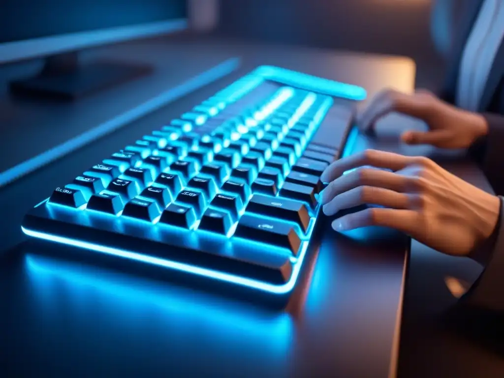 Un teclado futurista iluminado, escribiendo poesía en un aura creativa