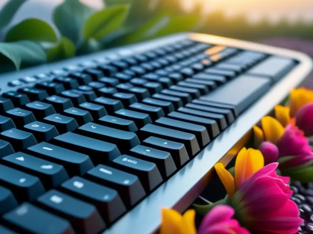 Un teclado moderno se entrelaza con flores vibrantes, fusionando poesía lírica y arte de programación en una imagen transformadora de belleza