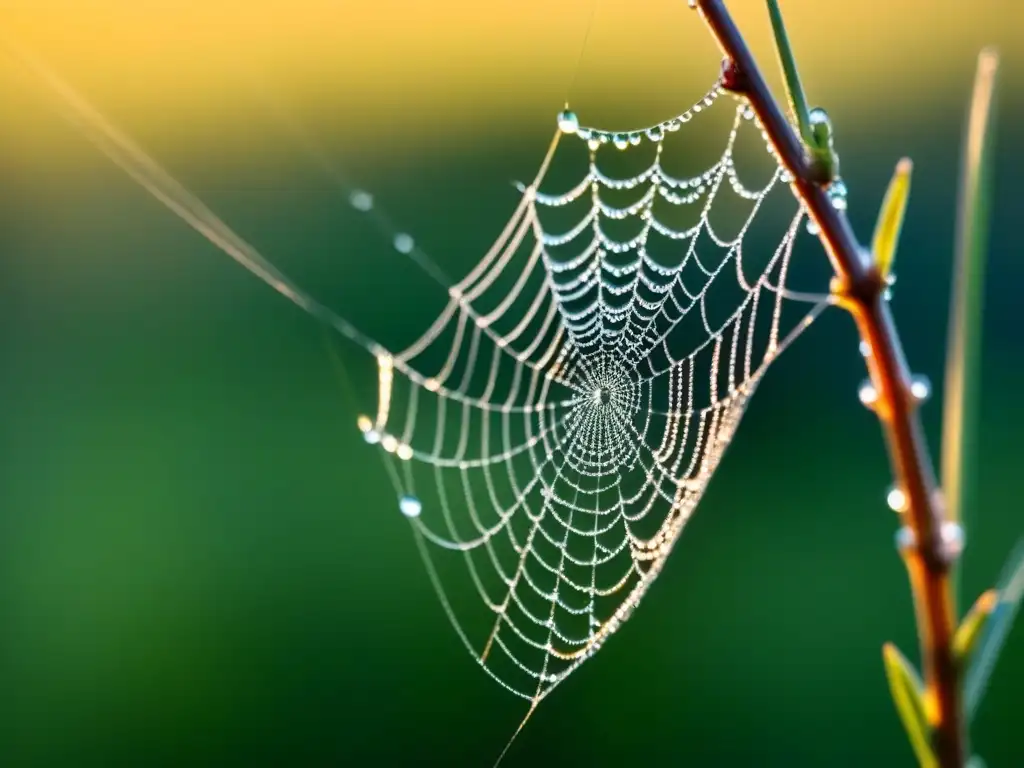 Un tejido de araña delicado y detallado, adornado con gotas de rocío al amanecer, muestra la belleza frágil de la naturaleza