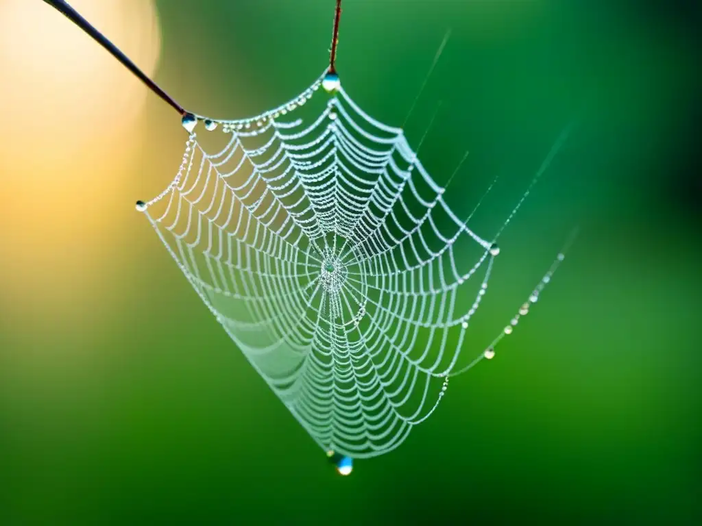 Una tela de araña delicada y detallada brilla con rocío, en un fondo difuminado de colores pastel