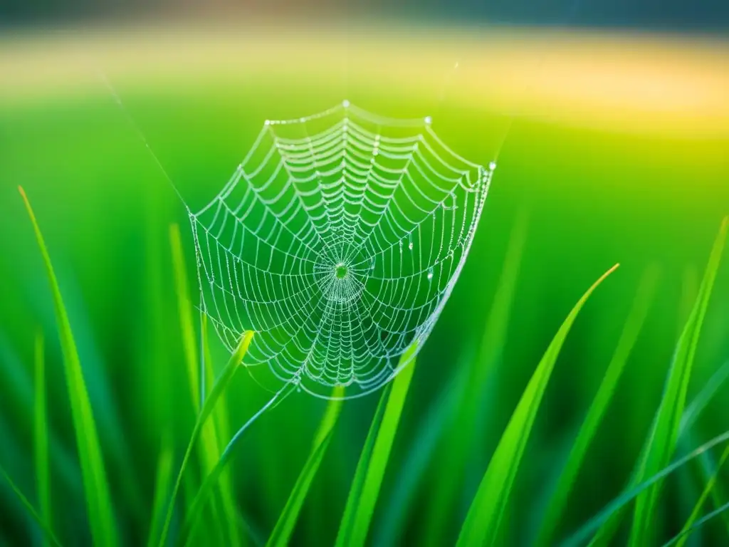 Una tela de araña cubierta de rocío entre hierbas verdes, reflejando la poesía cotidiana: belleza momentos simples