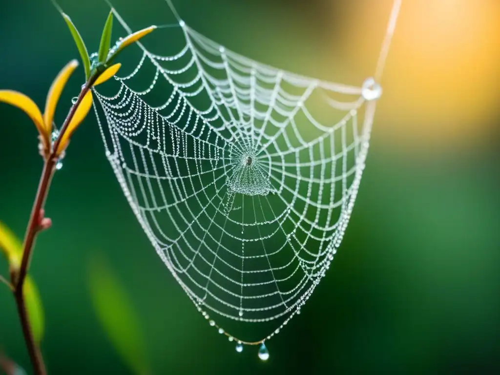 Una tela de araña delicada y brillante con rocío al amanecer, capturando la belleza y fragilidad en el arte transformador de la traducción poética