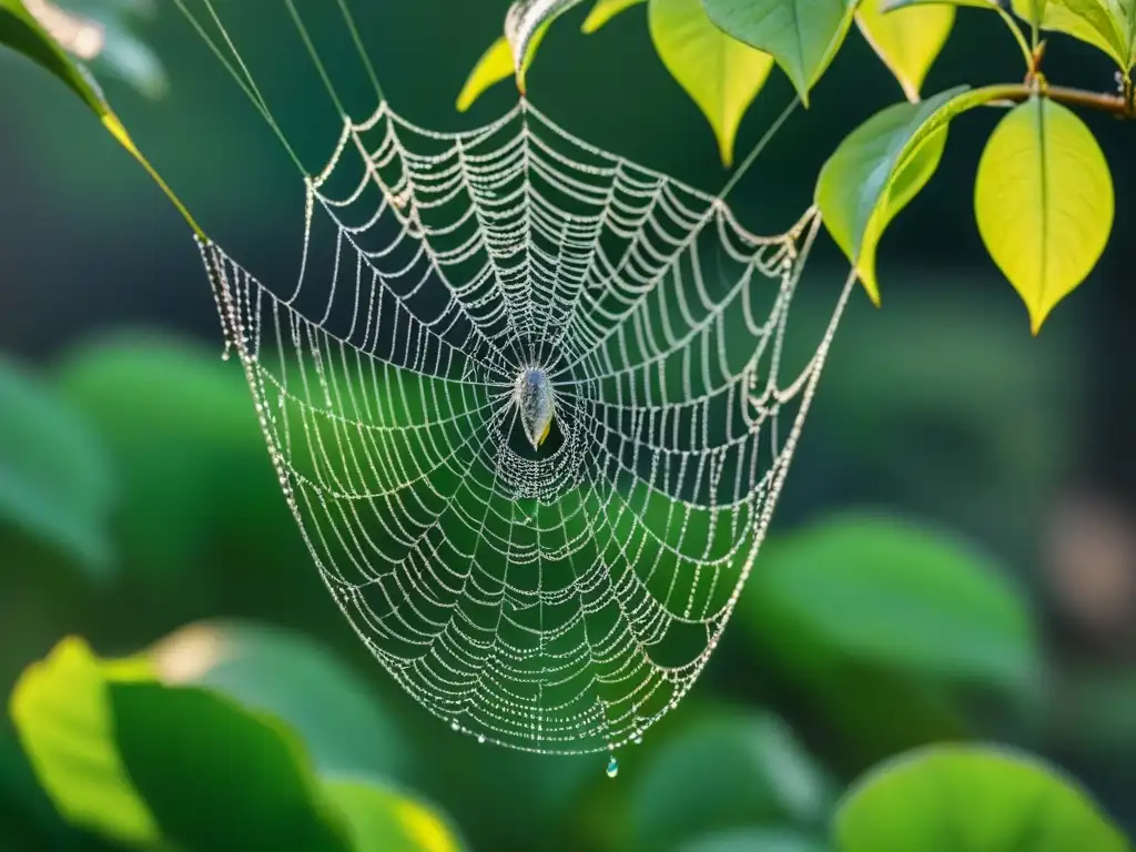 Telaraña delicada entre hojas verdes: poesía visual Una tela de araña delicada cubierta de rocío entre hojas verdes, capturando la belleza efímera con poesía transformadora de palabras