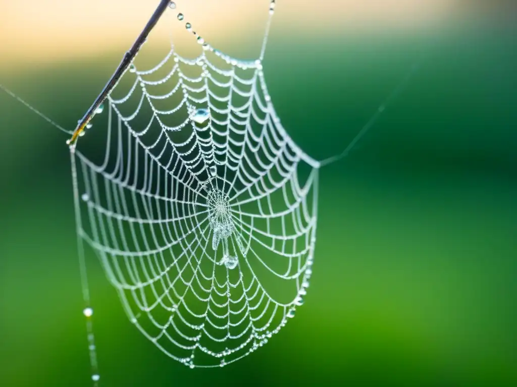 Una tela de araña delicada con gotas de rocío, reflejando la delicadeza de traducir emociones poesía