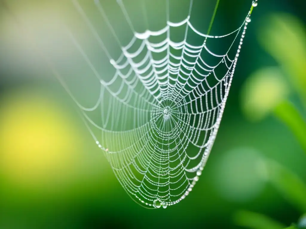 Una tela de araña delicada con gotas de rocío, en un jardín tranquilo