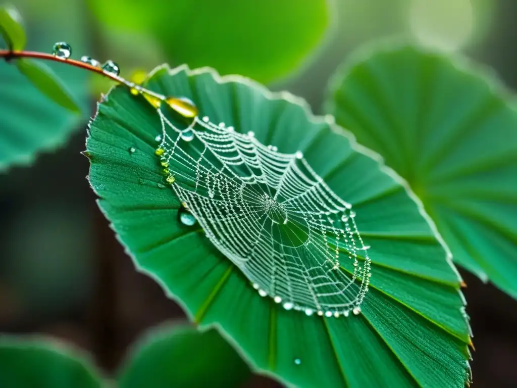 Telaraña brillante entre hojas: belleza efímera en la naturaleza Una tela de araña delicada entre hojas verdes, con gotas de rocío brillando al sol