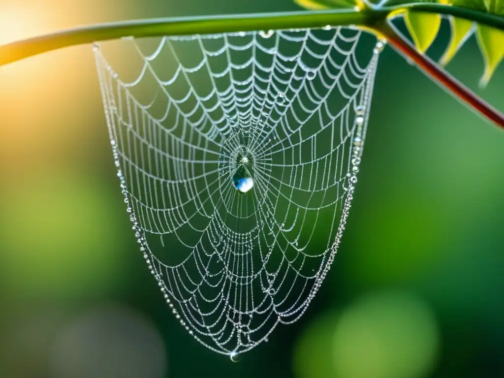 Una tela de araña delicada y intricada, con gotas de rocío brillando en la suave luz matutina