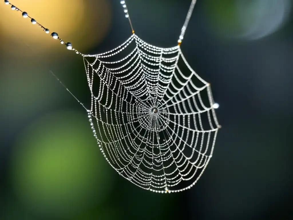 Una tela de araña solitaria y detallada brilla con gotas de rocío en un fondo negro, representando la complejidad temática en poesía