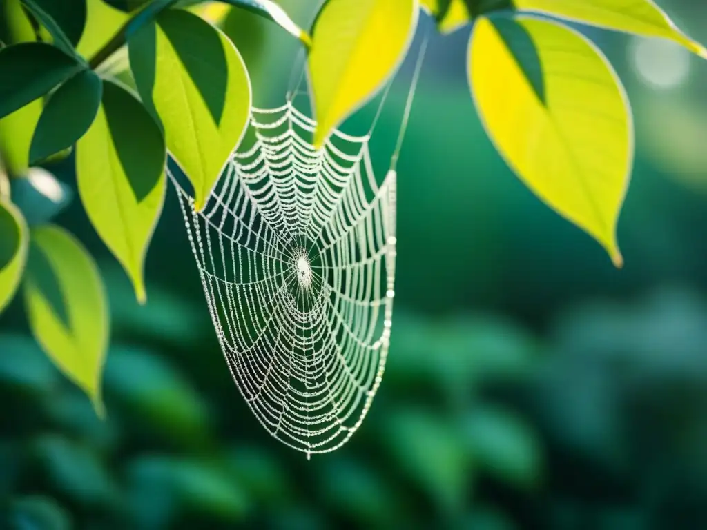 Una telaraña cubierta de rocío entre hojas verdes, reflejando técnicas para ver el mundo en la luz de la mañana