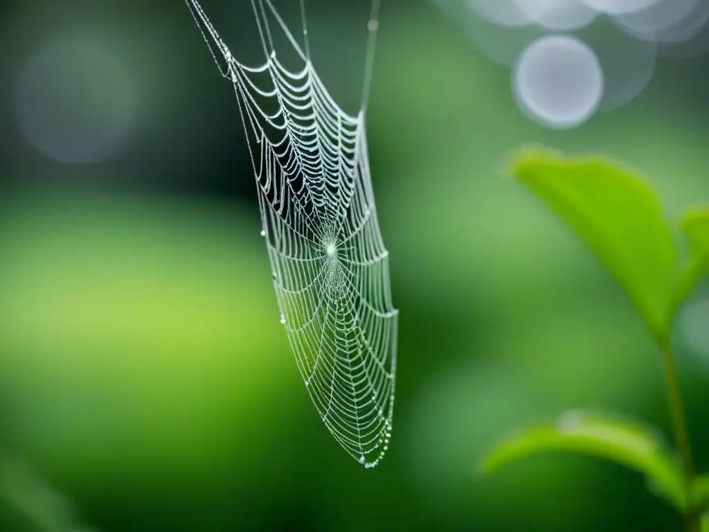 Una telaraña delicada en blanco y negro con rocío matutino, en un bosque sereno