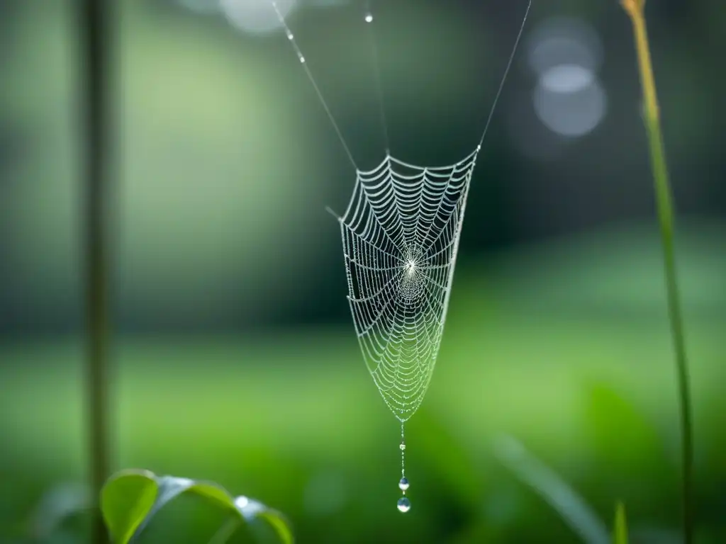 Una telaraña delicada cubierta de rocío en un bosque sereno