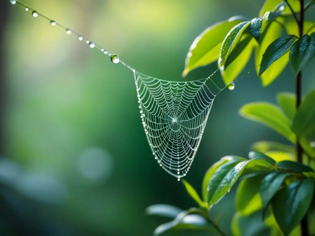 Telaraña delicada con gotas de rocío entre hojas verdes, iluminada por el sol en un bosque