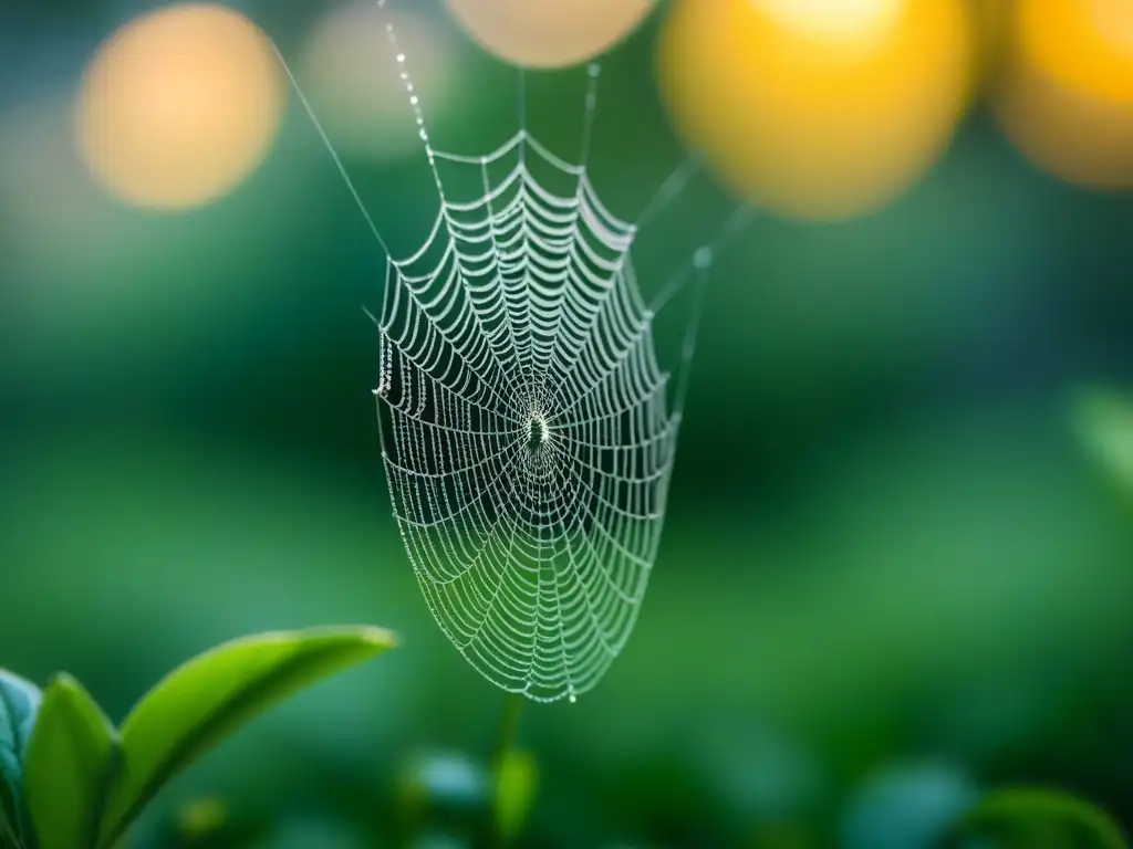 Una telaraña delicada con rocío, reflejando la luz del sol en un jardín sereno, simbolizando la poesía terapéutica para sanar heridas