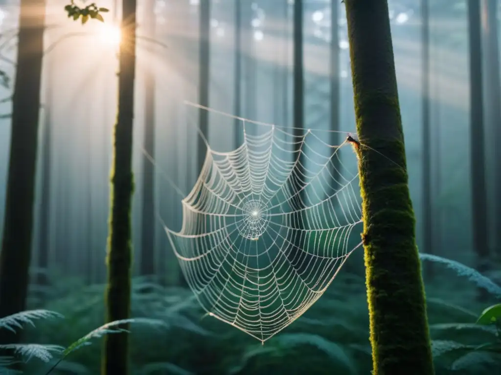 Telaraña poética entre árboles: la estrategia de la araña Una telaraña intrincada entre árboles, con rocío brillante al amanecer