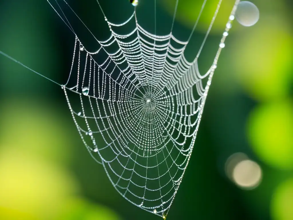 Una telaraña intrincada y delicada, brillando con gotas de rocío, capturando la esencia de la delicadeza de traducir emociones poesía