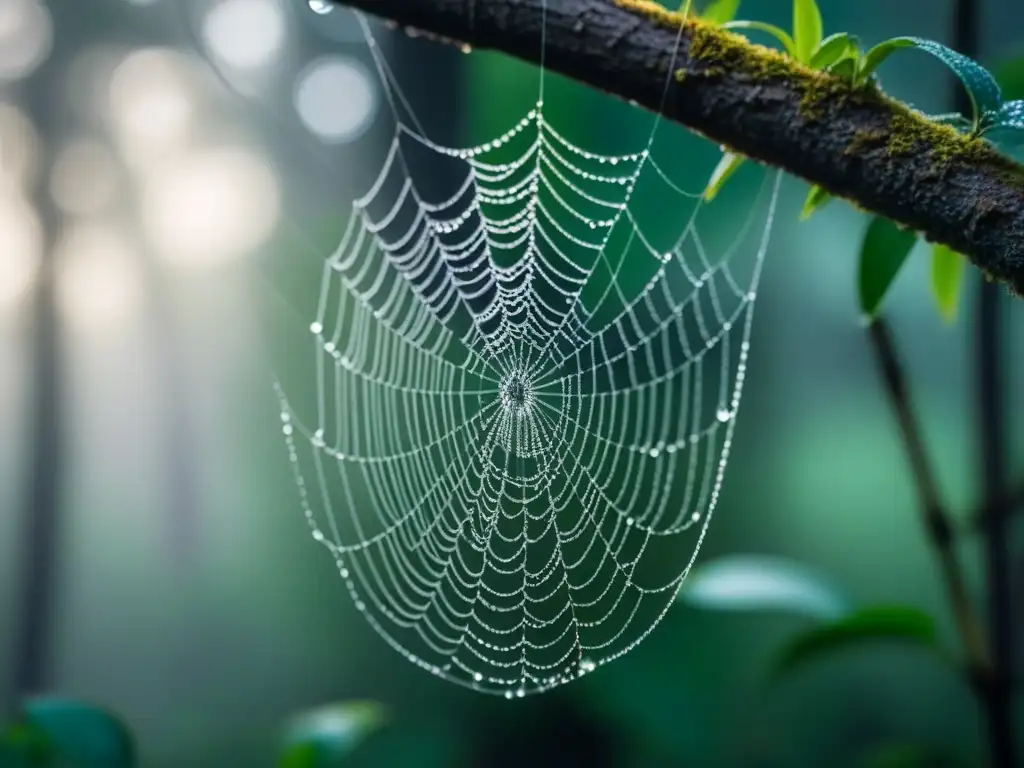 Telaraña con rocío entre ramas en bosque denso: el poder transformador de las palabras