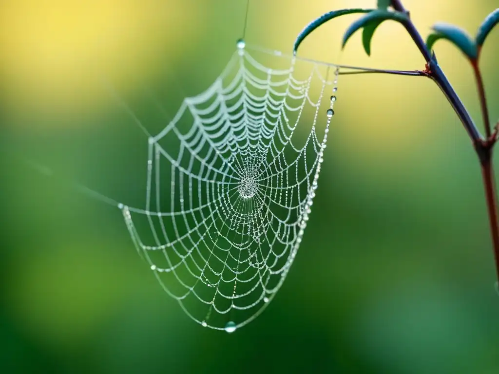 Una telaraña tejida con delicadeza, brillando con gotas de rocío en un jardín sereno