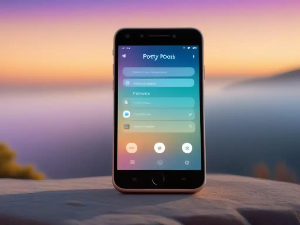 Un teléfono inteligente muestra una app minimalista para escribir poesía, con colores suaves y creatividad