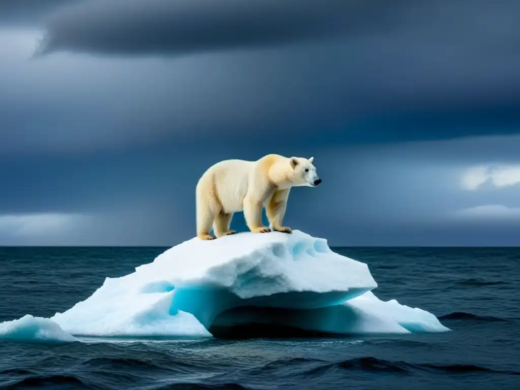 Oso polar solitario en iceberg: impacto del cambio climático Testimonio del cambio climático: oso polar solitario en iceberg, bajo cielo tormentoso