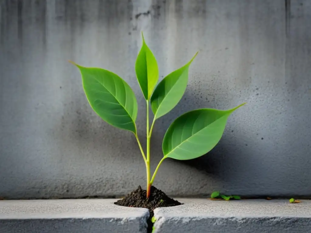 Un tierno brote verde emerge de la grieta en la pared de concreto, simbolizando esperanza y resiliencia ambiental