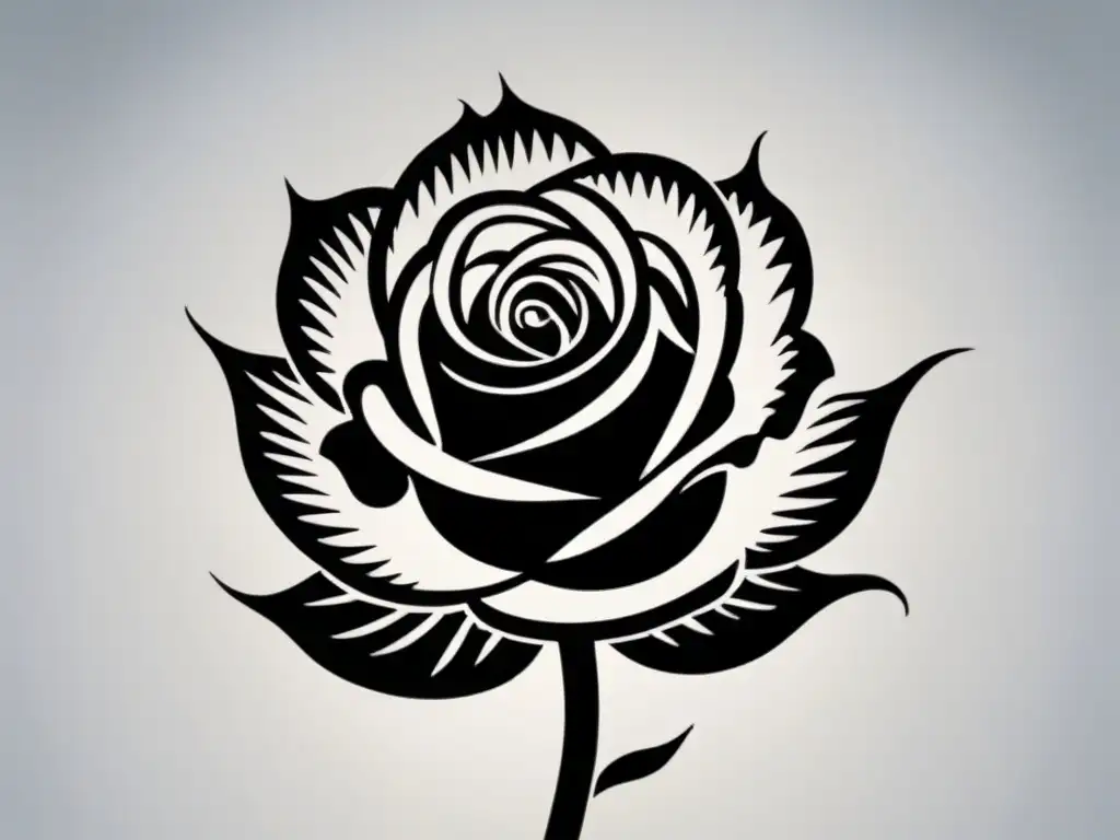 Ilustración en tinta negra de una rosa en flor con anáforas en poesía lírica entrelazadas en caligrafía española