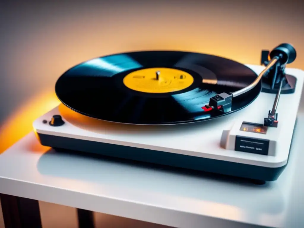 Un tocadiscos vintage con un disco de vinilo girando, sobre una mesa blanca moderna